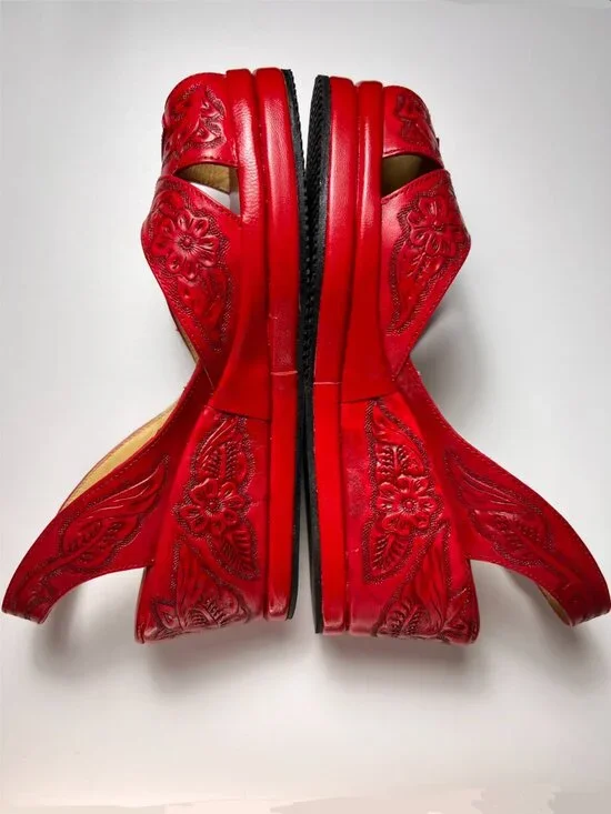 NWOT RE-MIX Vintage Red Tooled Leather Peep-Toe Platform Wedge Sandals 7 Mexico - Picture 6 of 9